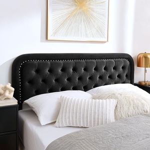 Beyetsea Upholstered Tufted Black Queen Size Headboard Only, Padded Velvet Modern Headboards for Adjustable Bed, Fabric Wall Mount Head Board with Nailhead Trim，Easy Install
