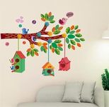 Heaven Decors Colorful Tree Branch with Birdcage and Cute Birds Sticker (Ideal Size on Wall: 98 cm x 74 cm),Multicolour