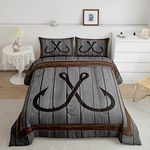 Fishhook Pattern King Size Comforter Set,Kids Gray Vintage Wood Decor All Season Bedding Set,Teens Go Fishing Comforter,Girls Rustic Farmhouse Decor Quilt Set Bedroom Collection 3Pcs