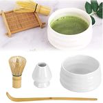 U-HOOME Matcha Whisk Set, 4pcs Japanese Tea Set,Matcha Whisk,Traditional Scoop, Matcha Bowl, Ceramic Whisk Holder,Traditional Matcha Tool Set for Matcha Tea Ceremony (White)