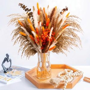 YN HI FLOWER 80pcs Dried Pampas Grass Bouquet Rustic Boho Floral Arrangement with Orange Accents Fall Wedding and Home Decor for Living Room Bedroom Office(17inch)