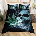 Marijuana Weed Leaf King Comforter Cover Teens Skull Decor Duvet Cover for Kids Boys Girls Green Cannabis Microfiber Bedding Set Gothic Bones Bedspread Cover Bedroom Collection 3Pcs