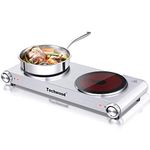 Techwood 1800W Electric Hot Plate, Countertop Stove Double Burner for Cooking, Infrared Ceramic Hot Plates Double Cooktop, Silver, Brushed Stainless Steel Easy To Clean Upgraded Version