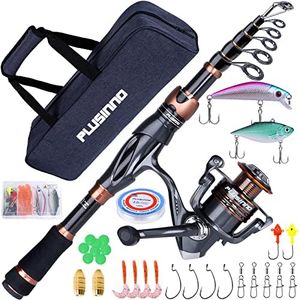 PLUSINNO Fishing Rod and Reel Combos, Bronze Warrior Toray 24-Ton Carbon Matrix Telescopic Fishing Rod Pole, 12 +1 Shielded Bearings Stainless Steel BB Spinning Reel, Travel Freshwater Fishing Gear