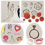 Sijiangmold Bride and Groom Couple Fondant Mold Diamond Ring Silicone Molds Rose Flower Candy Mold for DIY Wedding Party Cake Decoration Cupcake Topper Chocolate Gum Paste Candy Polymer Clay Set of 4