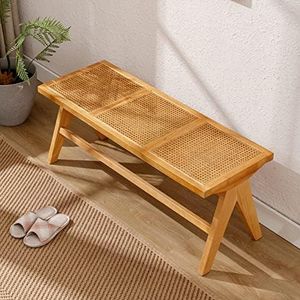 QUINJAY Farmhouse Rattan Entryway Bench, Wood Cane Dining Bench Long Seat with Footrest, Wicker End of Bed Storage Bench for Bedroom Living Room Dining Room Hallway, Natural