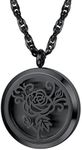 Diffuser Aromatherapy Necklace,Perfume Locket Pendant Charm,Delicate Rose Flower Hot Women Jewelry,Black Stainless Steel