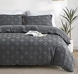 Maple&Stone Queen Duvet Cover Set, 3 Pieces Textured Tufted Boho Bedding Sets Zipper Closure Design with Ties, 1 Duvet Cover + 2 Pillow Shams, Comforter NOT Included (Dark Grey, Queen Size)