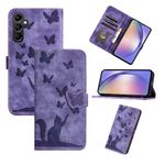 Mavis's Diary Galaxy A35 Wallet Case for Women, Butterfly Cat Embossing Leather Folio Cover Card Holder Folding Phone Case Compatible with Samsung Galaxy A35 (Purple)