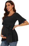 WOOXIO Women's Ruffle Maternity Shirts Tops Short Sleeve Wrap Tie Front Pregnancy Clothes, Black, Large