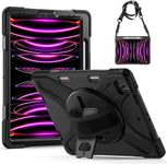 Gerutek for iPad Pro 12.9 Case Shockproof, iPad Pro 12.9 6th/5th/4th/3rd Gen Case Heavy Duty with [360 Rotating Stand/Hand & Shoulder Strap][Pencil Charger Pen Slot] for iPad Pro Cover 12.9, Black