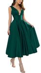 KURFACE Emerald Green Formal Evening Dresses for Wedding V Neck Elegant Satin Wedding Guest Tea Length Prom Dress 2024 UK22