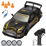 VikriDA 1:24 Scale RC Drift Car - 4WD High-Speed RC Racing Car with LED Lights, 2.4GHz Controller, Rechargeable Batteries & Drifting Tires - Black & Yellow