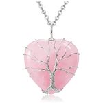 Top Plaza Natural Rose Quartz Healing Crystal Necklace Silver Tree of Life Wire Wrapped Heart Shape Stone Pendant for Womens Girls Ladies