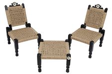 THE ROYAL CRAFTS Traditional handicrafts Set of Jute Rope Folding Chair khatli bajot Stool - Black