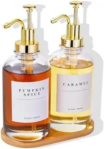 Coffee Syrup Dispenser for Coffee Bar, Coffee Syrup Pump Dispenser, Glass Syrup Bottle with Gold Upgraded Pump, 2 Pack 16.9 oz 500 ml Syrup Dispensers, 28 Labels and Bamboo Tray