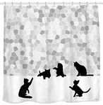 Sunlit Design Black Cat Silhouette and Gray Mosaic Fabric Shower Curtain. Grey and White