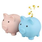 2 Pcs Cute Piggy Bank Plastic Pig Money Bank Adults Piggy Bank Pig Money Box Coin Bank Plastic Saving Coin Box for Boys Girls Kids (Medium) (Nude Color, Blue)