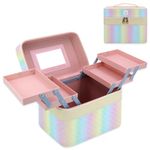 NFI essentials Pu Makeup Box With Mirror 4 Layer Foldable Tray, Cosmetic Organizer For Women, Vanity Bridal Trousseau Box,Pink