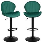 Youhauchair Modern Bar Stools Set of 2, Velvet Height Adjustable Swivel Barstools, Armless Kitchen Island Counter Chairs with Back & Footrest, Green