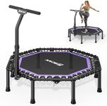 BCAN 51" Octagonal Mini Trampoline, Max Load 450 LBS Fitness Trampoline with T-Adjustable Handle Bar, Silent Bungees, Larger, More Stable, Quieter Exercise Rebounder for Adults Indoor/Garden-Purple