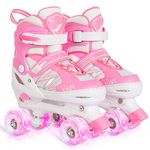 Kids Girls Roller Skates For Toddler Child Beginner, 4 Sizes Adjustable Kids Roller Skates with Light Up Wheels (Pink White, Small)