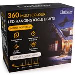 CHRISTOW Hanging Icicle Christmas Lights, 360 Multi-Colour LEDs, 10m Lit Length, Indoor & Outdoor, Mains Powered with Timer, 8 Light Sequences with Memory, Icicle Fairy Lights
