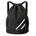 Oziral Drawstring Backpack Water Resistant String Bag Gym Sports with Shoe Compartment Side Mesh Pockets for Women Men (Black)