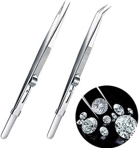 2 Pack Professional Diamond Tweezers Jewelry Gem Stone Tweezers Precision Tweezers Stainless Steel Slide Locking Non-slip Pointed Tip Tweezers with Slot for Jewelry Makeing Craft