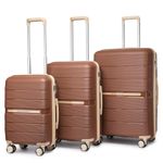 British Traveller Suitcase Carry On Hand Cabin Luggage Large Hard Shell PP Checked in Suitcase with 4 Spinner Wheels TSA Lock 20" 24" 28" Travel Trolley Case(3 Pcs Set, Brown)