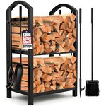 Fireplace Log Rack with 4 Tools Indoor Outdoor Fireside Firewood Holders Lumber Storage Stacking Black Wrought Iron Logs Bin Holder for Fireplace Tool set Brush Shovel Poker Tongs 15.8 x 29.1 x 11.8in