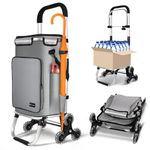 VOUNOT Folding Shopping Trolley on 6 Wheels, Aluminium Lightweight Shopping Cart with Insulated Cooling Bag, 2 Hooks, 2 Side Pockets, Stair Climbing Grocery Trolley, 50L Grey