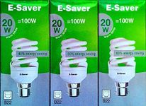 E-Saver - CFL Full Spiral - Energy Saving Light Bulbs - 20w = 100 Watt - (Pack of 3) - Warm White 2700k - Bayonet Cap (BC- B22- B22d)