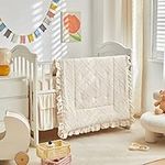 Tufted Ruffle Crib Bedding Set 3 Pieces Baby Boho Quilted Comforter with Fitted Sheet and Bed Skirt - Cute Ruffled Shabby Chic Baby Bedding Soft Blanket Design Cream White