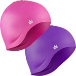 The Friendly Swede Swim Caps for Women & Men - Silicone Swimming Caps for Long & Medium Hair; Waterproof Swimming Cap for Women to Keep Hair Dry; Swim Cap for Adult and Child - Pink & Purple 2-Pack