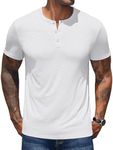 COOFANDY Mens Henley T Shirts Short Sleeve Cotton Button Shirts V Neck Casual Solid Fitted Classic Collarless Tees White