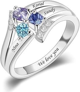 Seecoco Personalized Mothers Ring with 3 Simulated Birthstones for Mom Engraved Name Ring for Women Promise Rings for Her Custom Family Ring for Wife Grandmother Jewelry Gifts