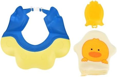 Tranquil Beauty | Baby Bath Shower Cap Visor Rinser Soft Set - Tear-Free Shampoo Shield for Kids, Premium Quality Baby Brush, and Gentle Exfoliating Sponge for Fun Bath Time - Blue and Yellow