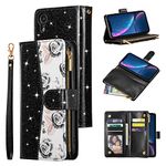 UEEBAI Wallet Case for iPhone XR, Glitter PU Leather Magnetic Handbag Zipper Pocket Case Kickstand Card Holder Slots Wrist Strap TPU Shockproof Flip Cover - Bling Black