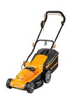 LawnMaster 1600W Electric Lawn Mower with 37cm cutting width, ideal for medium sized lawns. Rear roller for striped finish. With 6 adjustable cutting heights and mulching plug, Orange