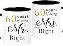 WOSIWULA 60 Year Anniversary Coffee Mugs Set of 2, 60 Years of Being Mr Right/Mrs Always Right, 60th Wedding Anniversary Decorations Gifts Presents Cups for Couple Parents Grandparents, 11oz