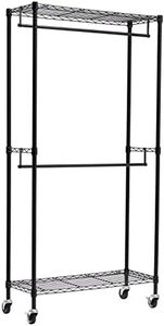 Amazon Basics Adjustable, Double Hanging Rod Garment Rolling Closet Organizer Rack with Wheels, Heavy Duty, Black, 36'' x 14'' x 72'', WI-GAR1436B