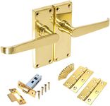 Polished Brass Straight Interior Door Handle Set Backplate 120mm x 40mm - Internal Victorian Latch Kit with Tubular Latch and Hinges