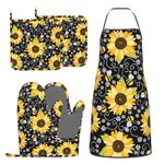 BOKEKANG Sunflower Bees Oven Mitts and Pot Holders with Apron Set of 5 Silicone Sunflowers Kitchen Mitten Gloves and Non-Slip Potholders Cooking Apron Set Heat Resistant Oven Gloves Hot Pads for BBQ