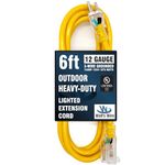 6 ft - 12 Gauge Heavy Duty Extension Cord - Lighted SJTW - Indoor/Outdoor Extension Cord by Watt's Wire - 6' 12-Gauge Grounded 15 Amp Extension Cord Splitter