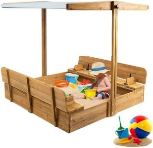 Wooden Sandbox with Lid, Kids Sandbox with Canopy Outdoor, Sandbox with Covers Foldable Bench Seats for Backyard, UV-Resistant & Adjustable Height Roof, Gift for Ages 2-8 (47x47in)