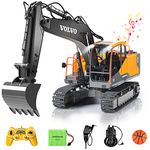 DOUBLE E Volvo Rc Excavator 3 In 1 Construction Truck Metal Shovel And Drill 17 Channel 1/16 Scale Full Functional With 2 Bonus Tools Hydraulic Electric Remote Control Construction Tractor,Black