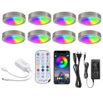 LED Dimmable Under Cabinet Lighting Kit,8 Pack App Controlled and Music Sync RGB Puck Lights with Remote,Hardwired Under Counter Lights with Multi Colors for Kitchen Shelf Cupboard Showcase 12V