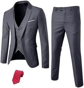 YND Men's Slim Fit 3 Piece Suit Set with Stretch Fabric, One Button Blazer Vest Pants, Solid Party Wedding Dress, Jacket Waistcoat and Trousers with Tie Deep Grey