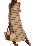 BLENCOT Women's Summer Racerback Sleeveless Long Sundress Crew Neck Split Maxi Striped Tank Dress Khaki L